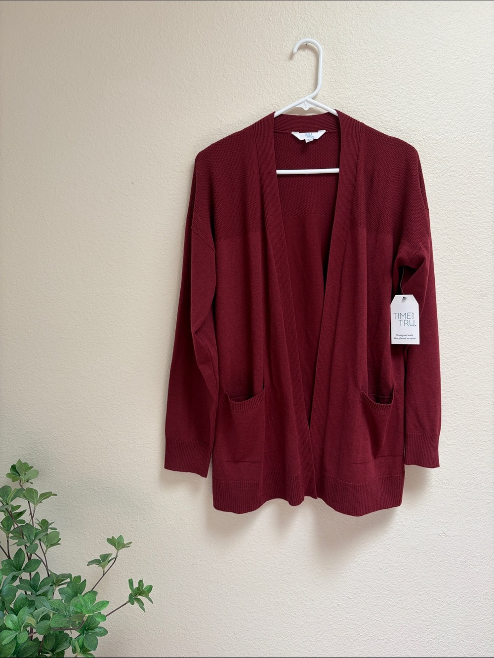 NWT Time and Tru Open-Front Burgundy Red Knit Cardigan with Pockets, Size Large